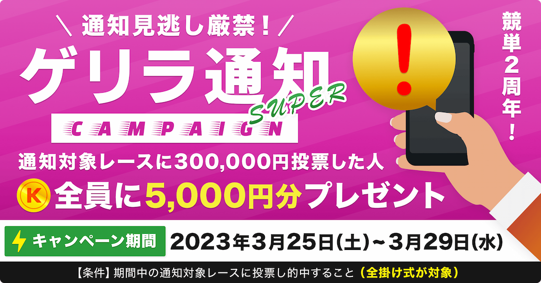 【限定イベント】ゲリラ通知SUPER！投票条件達成で全員に5,000円をプレゼント！