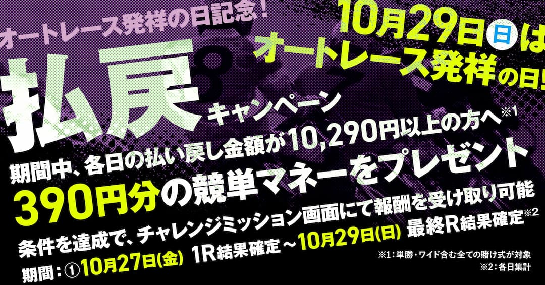 【オートレース発祥の日記念！感謝を込めて各日390マネーをプレゼント！】払戻金キャンペーン!